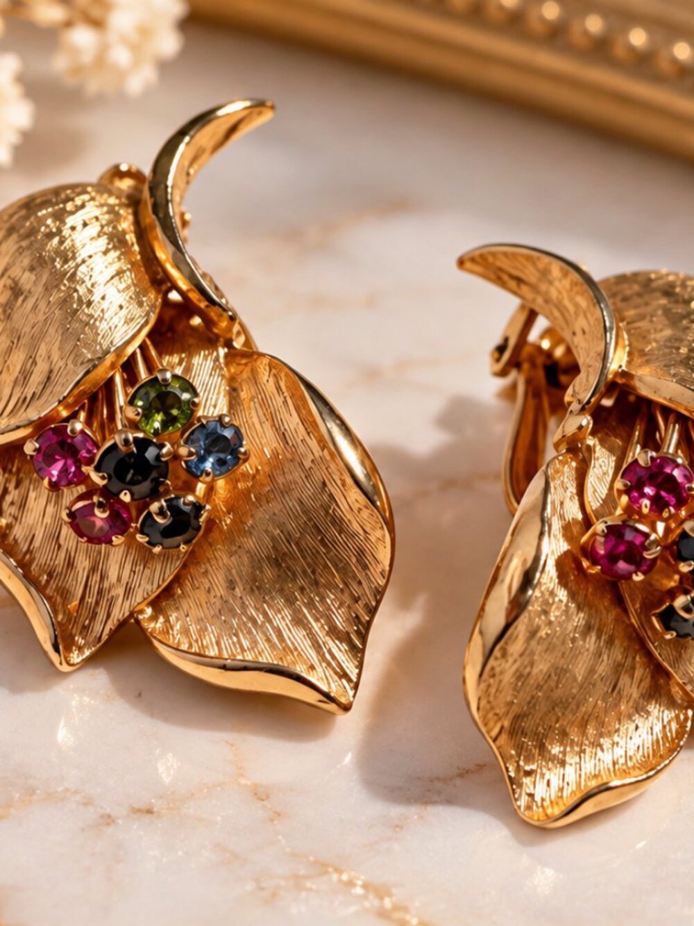 Vintage Gold Tone Floral Rhinestone Clip-On Earrings – Pat. Pend
